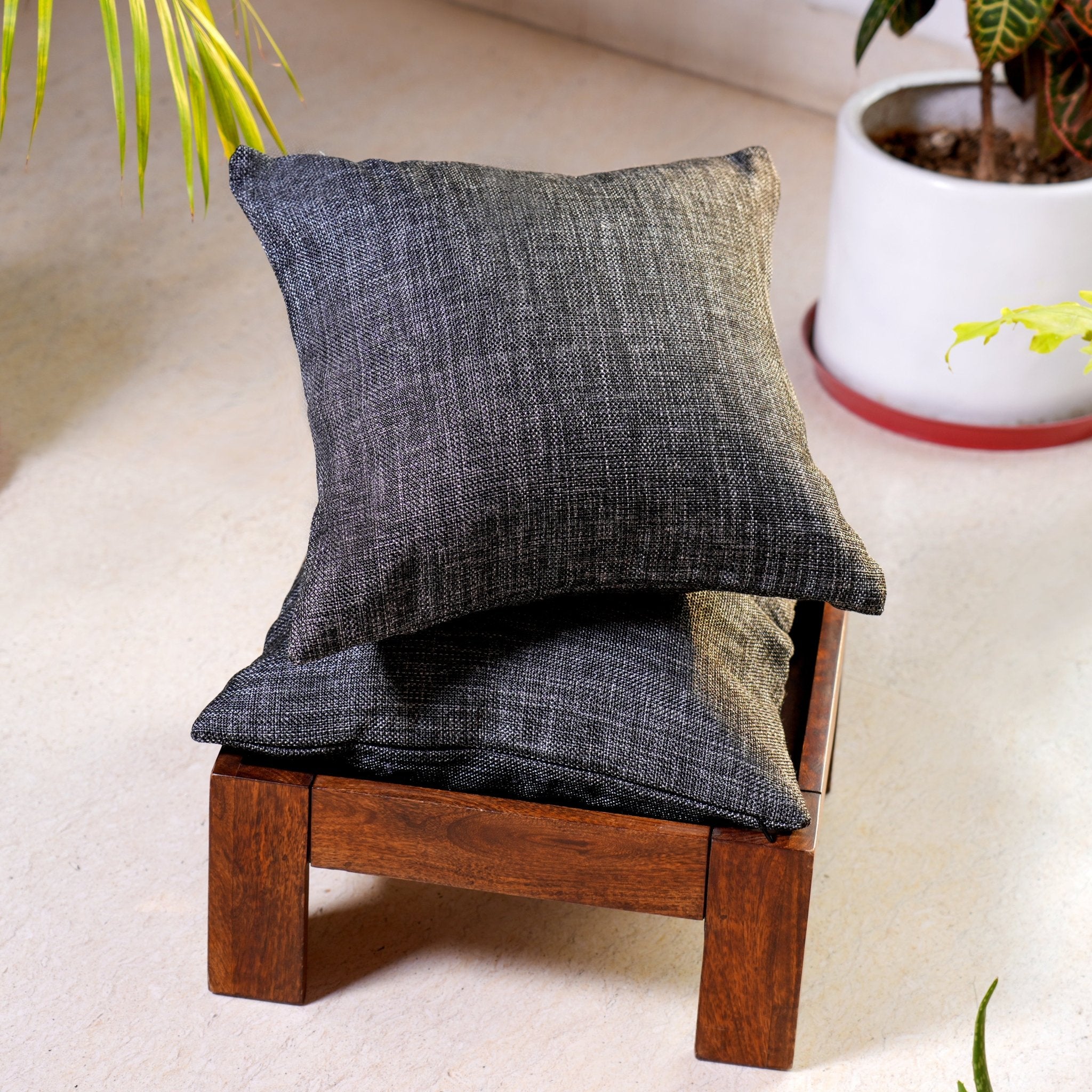 Jute Essence Charcoal Cushion Covers, Pack of 2, 16" x 16" - Coral Slub -